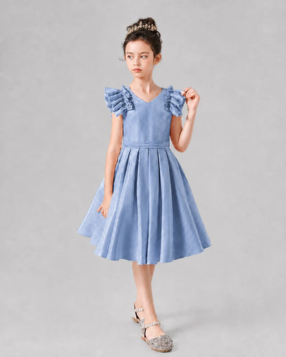 Dusty Blue Satin A-Line Girls Formal Dresses