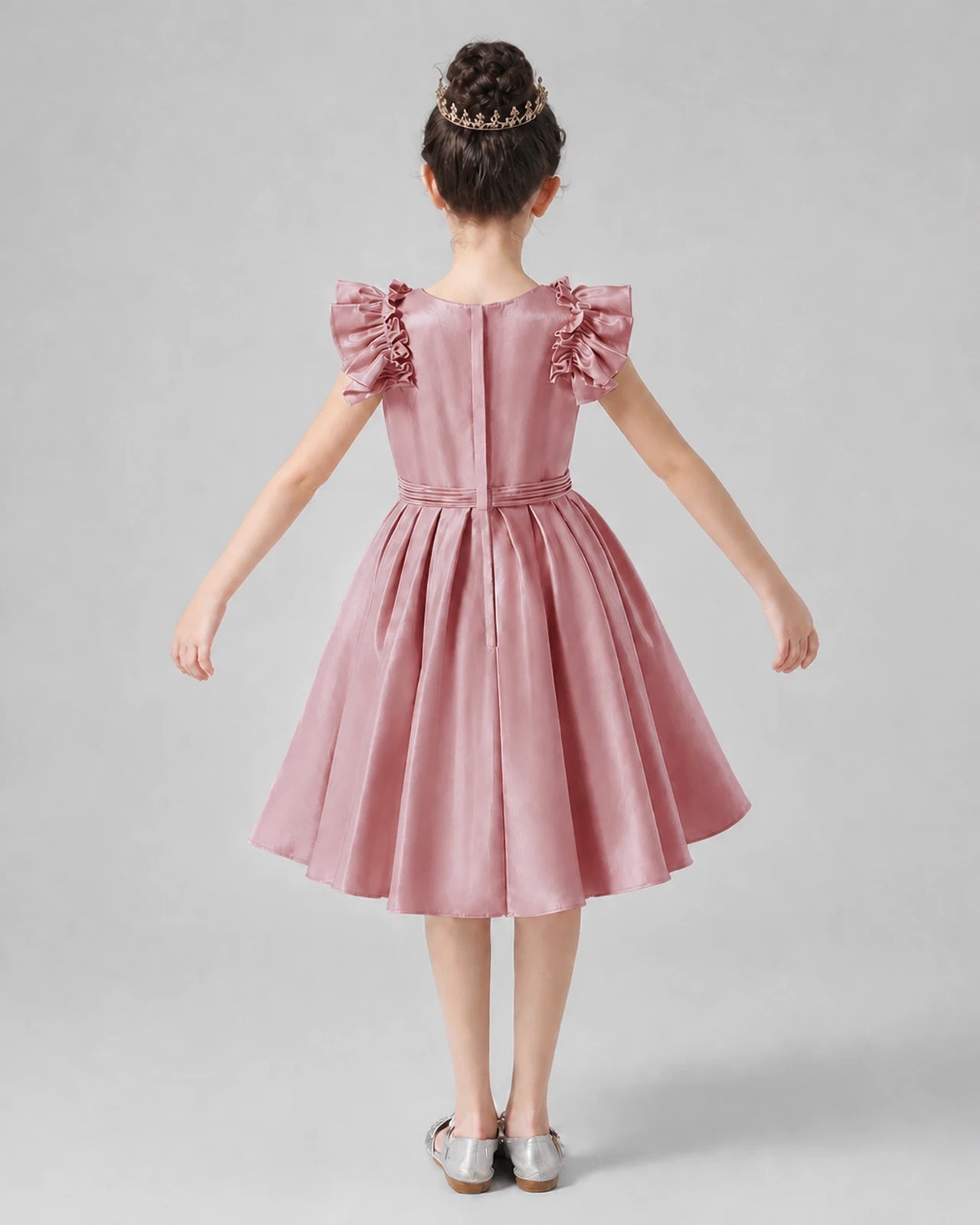 Dusty Rose Satin Ruffled A-line Girls Formal Dresses Back View