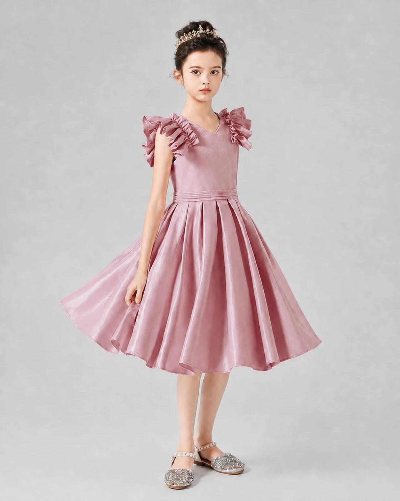 Dusty Rose Satin Ruffled A-Line Girls Formal Dresses Front View