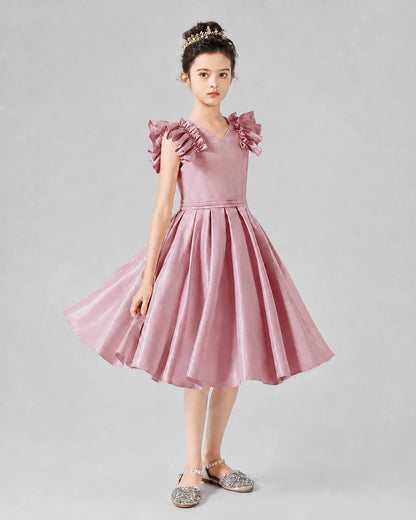 Dusty Rose Satin Ruffled A-Line Girls Formal Dresses Front View