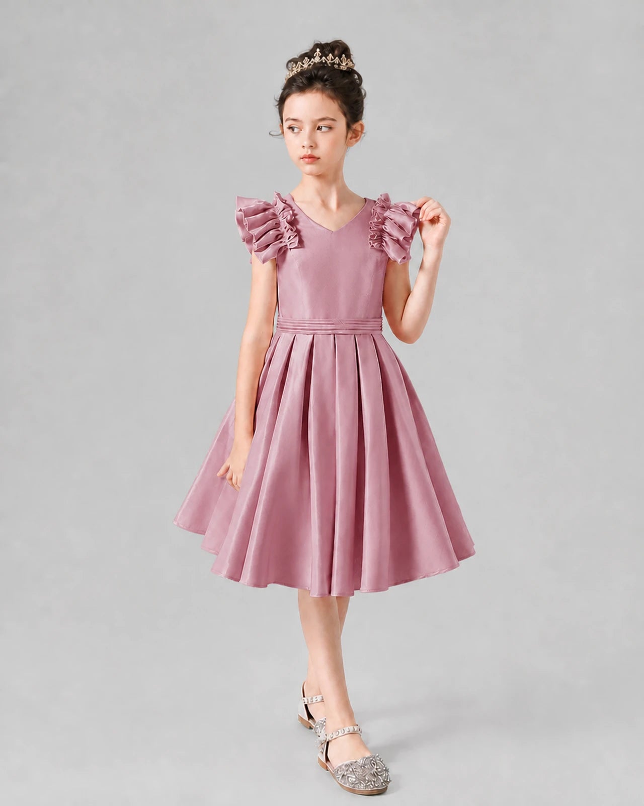 Dusty Rose Satin Ruffled A-line Girls Formal Dresses