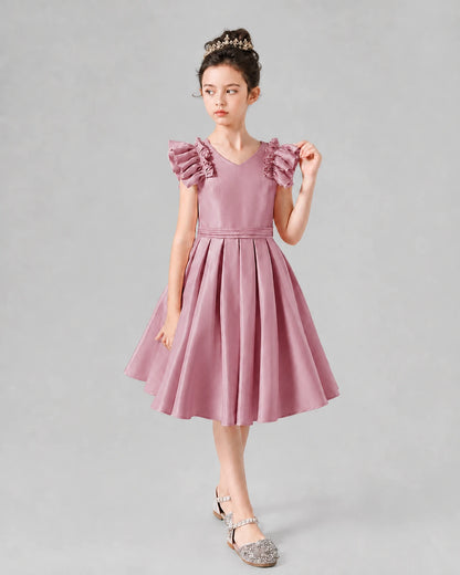 Dusty Rose Satin Ruffled A-line Girls Formal Dresses
