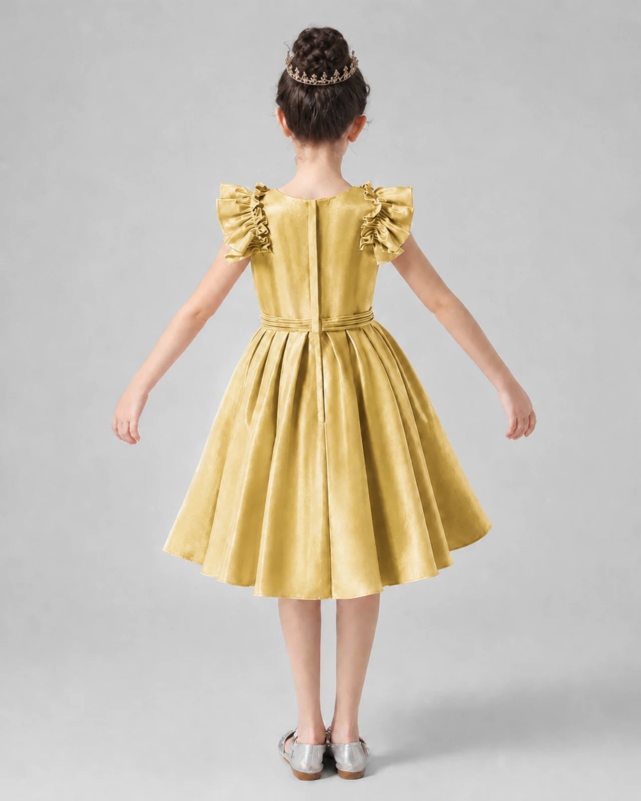 Gold satin ruffled sleeve A-line girls formal dress Back View