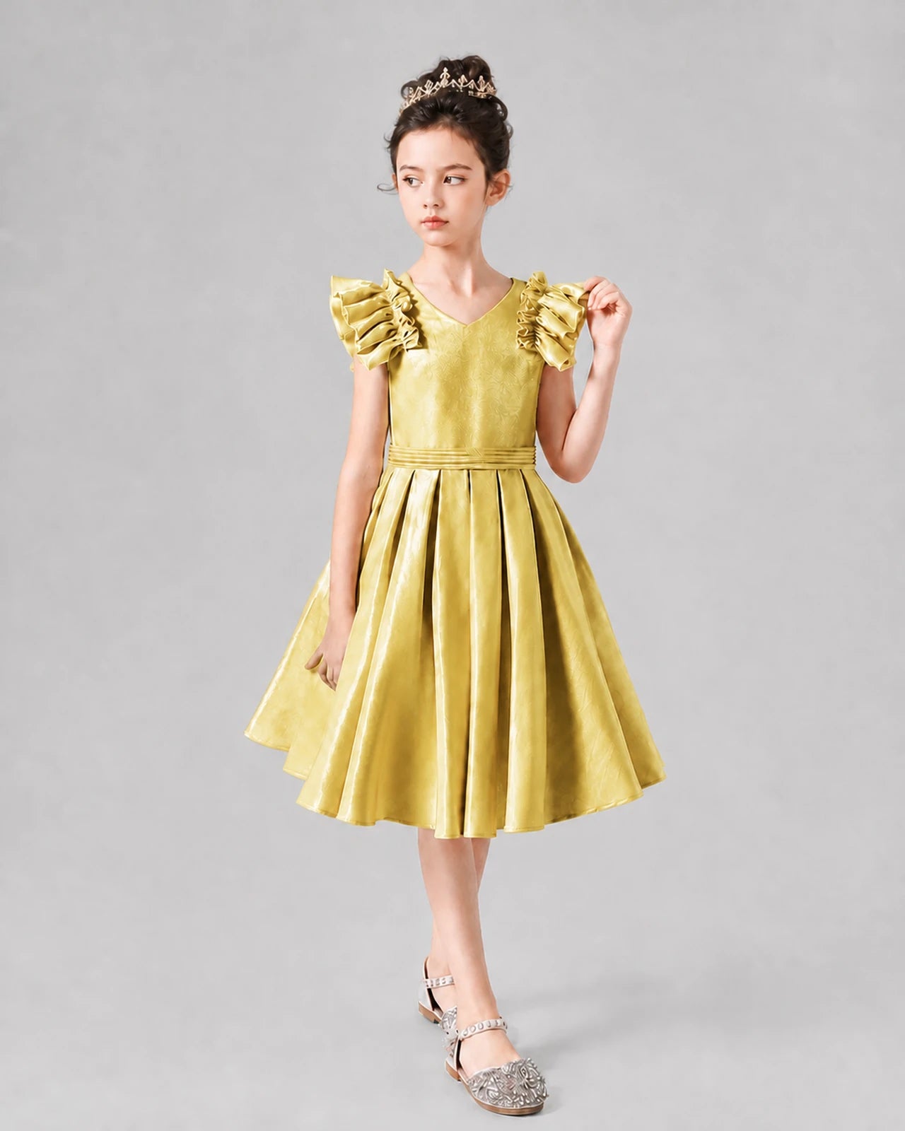 Gold Satin Ruffled Cap Sleeve Pleated Girls Formal Dresses