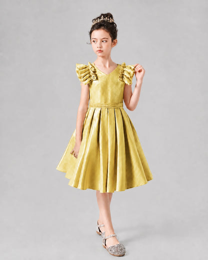 Gold Satin Ruffled Cap Sleeve Pleated Girls Formal Dresses