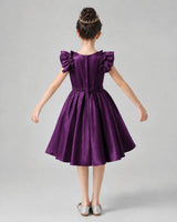 Grape Satin Ruffle-Sleeve Girls Formal Dresses Back View