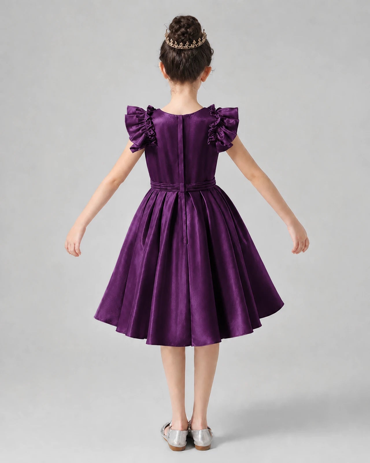 Grape Satin Ruffle-Sleeve Girls Formal Dresses Back View