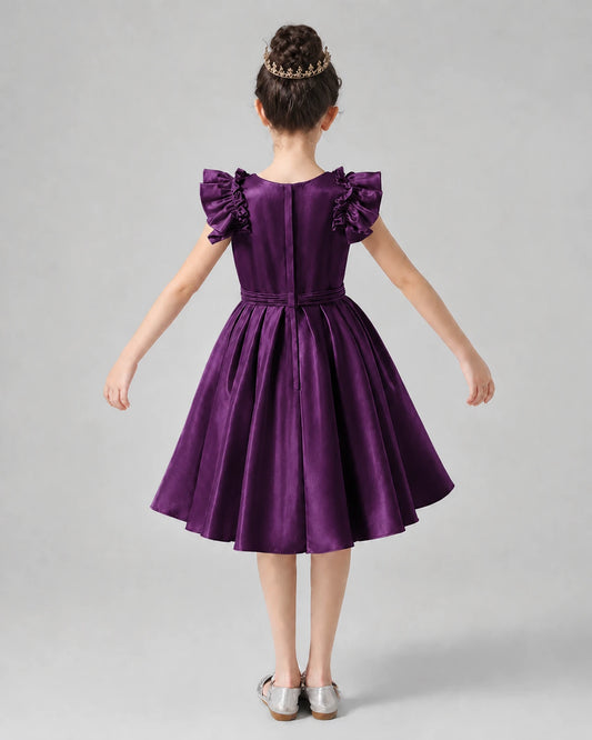 Grape Satin Ruffle-Sleeve Girls Formal Dresses Back View