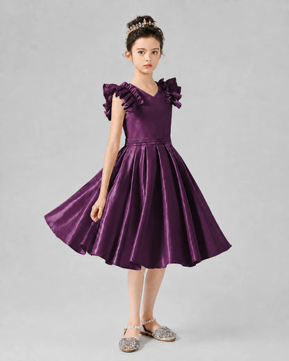 Grape Satin A-Line Girls Formal Dresses Front View