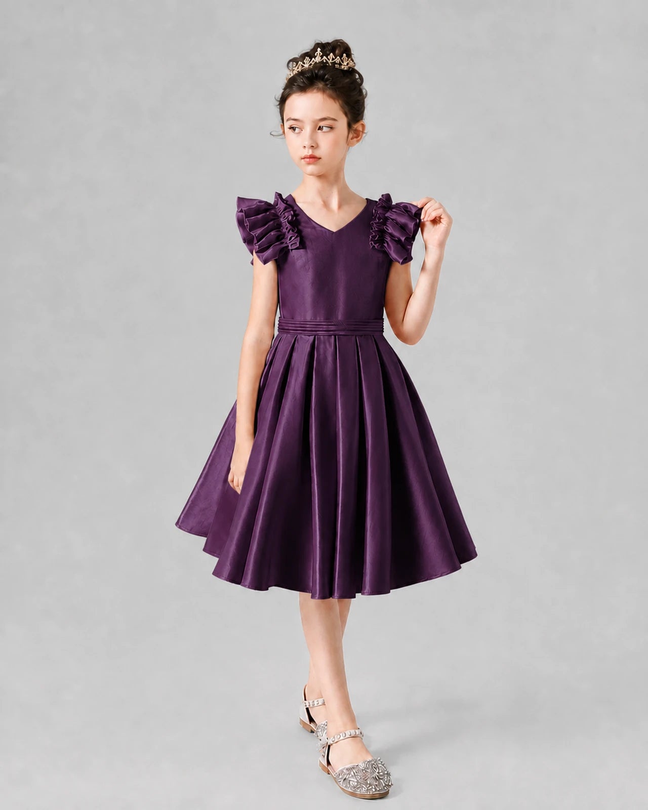 Grape Satin V-Neck Ruffled Sleeve A-Line Girls Formal Dresses