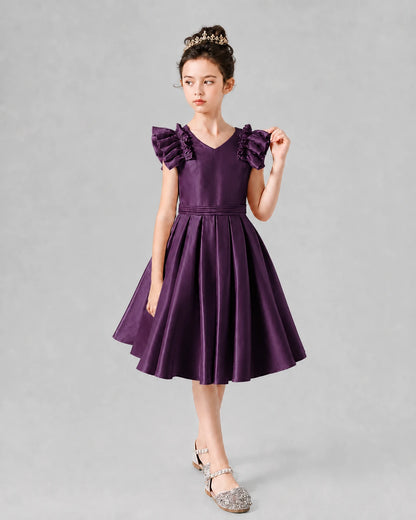 Grape Satin V-Neck Ruffled Sleeve A-Line Girls Formal Dresses