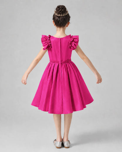 Hot Pink Satin Ruffle Sleeve Girls Formal Dresses Back View