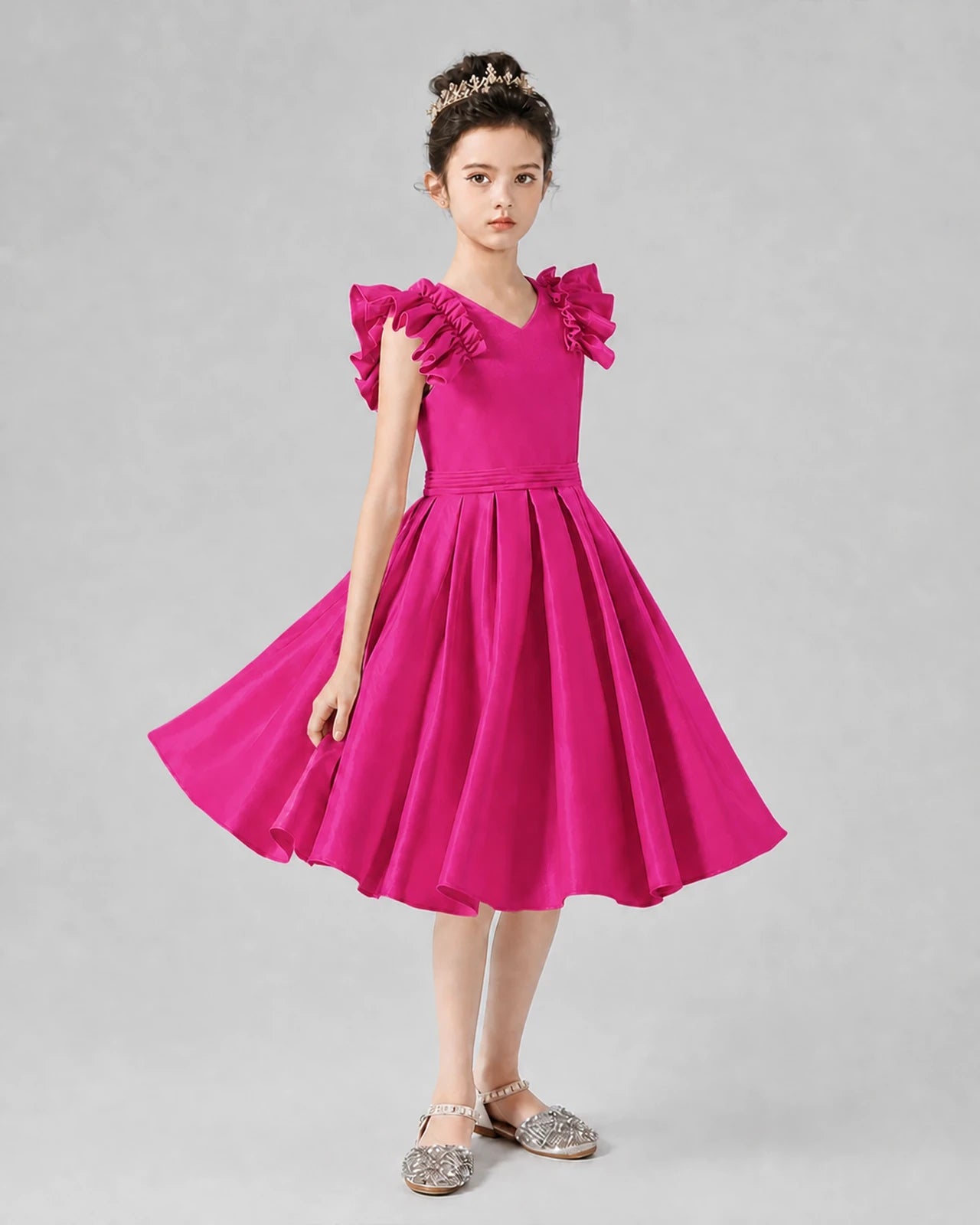 Hot Pink Satin Ruffle V-Neck Girls Formal Dresses Front View