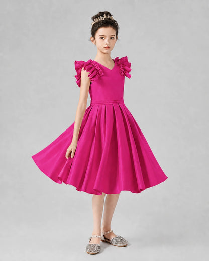 Hot Pink Satin Ruffle V-Neck Girls Formal Dresses Front View