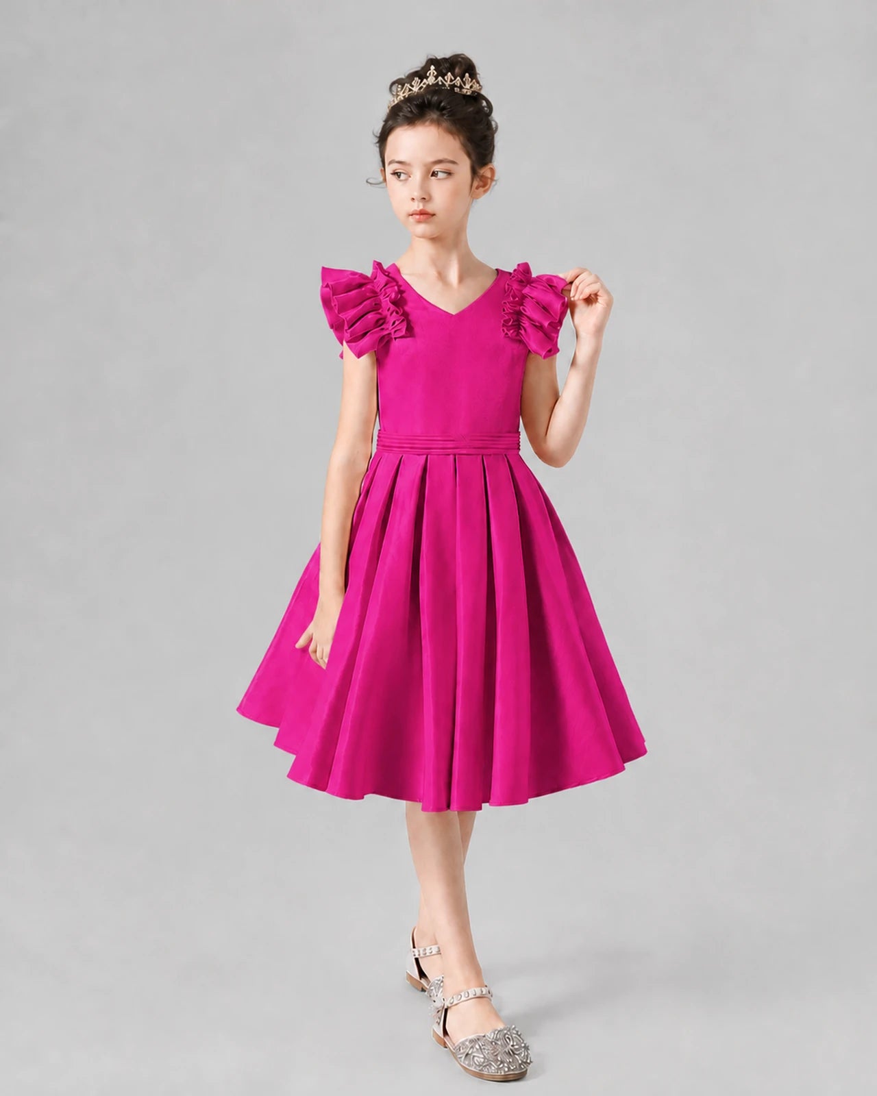 Hot Pink Satin Ruffle Sleeve A-Line Girls Formal Dresses