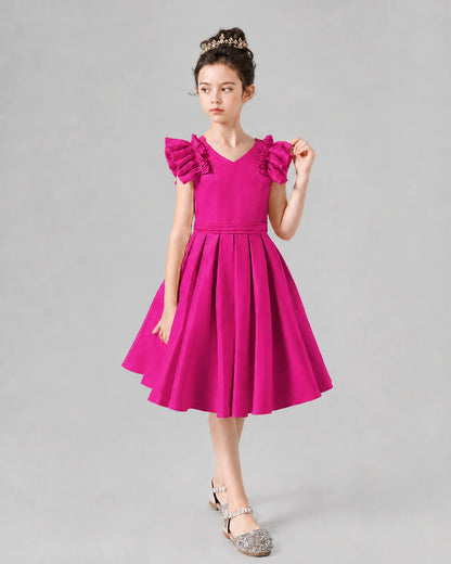 Hot Pink Satin Ruffle Sleeve A-Line Girls Formal Dresses