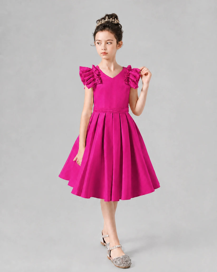 Hot Pink Satin Ruffle Sleeve A-Line Girls Formal Dresses