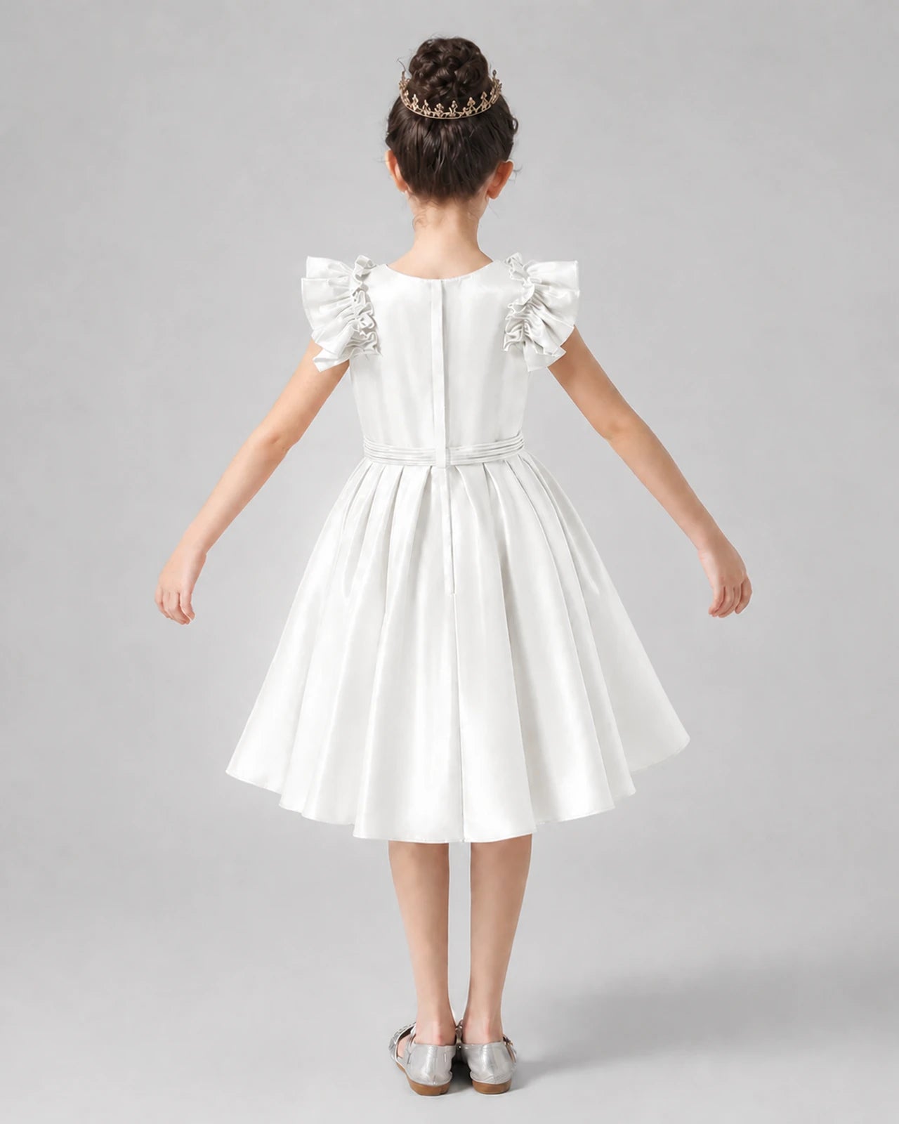 Ivory Satin Ruffled A-Line Girls Formal Dresses Back View