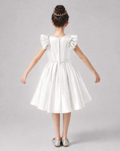Ivory Satin Ruffled A-Line Girls Formal Dresses Back View