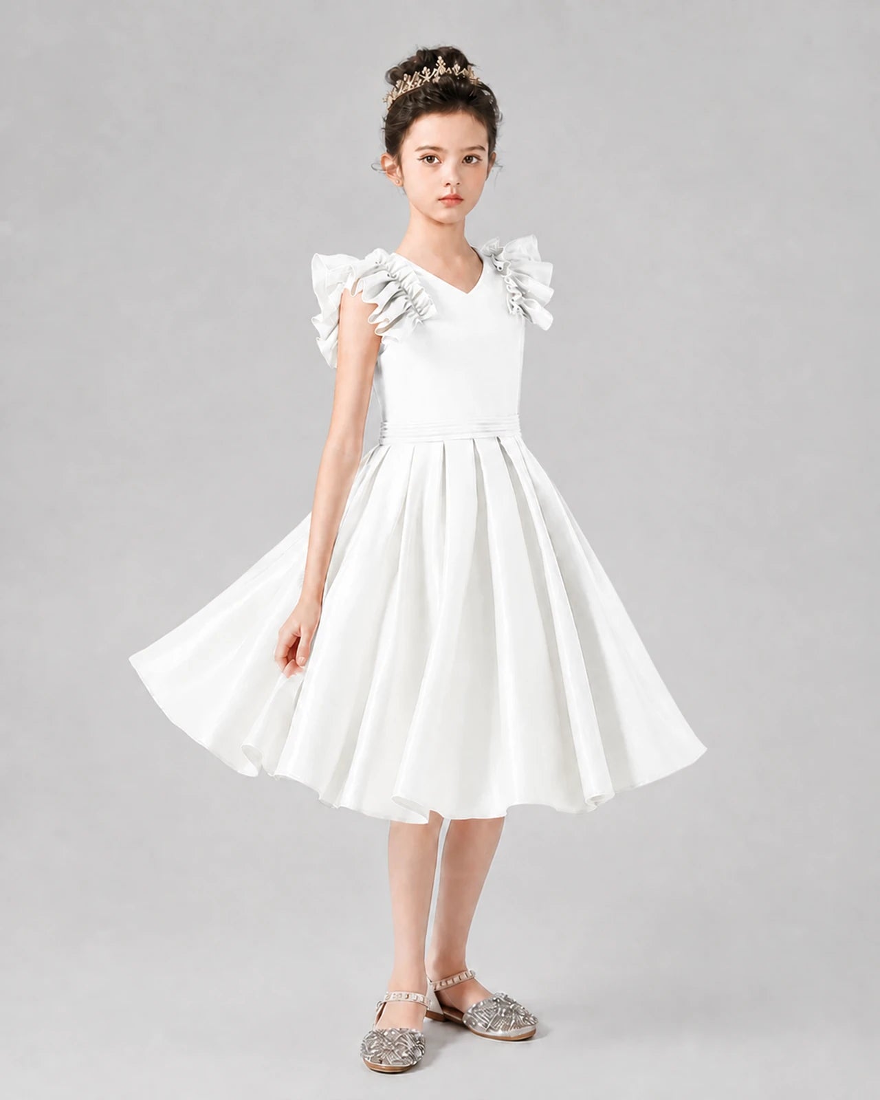 Ivory Satin Ruffled A-Line Girls Formal Dresses Front View
