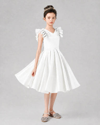 Ivory Satin Ruffled A-Line Girls Formal Dresses Front View