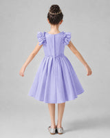 Lavender Satin Ruffled A-Line Girls Formal Dresses Back View