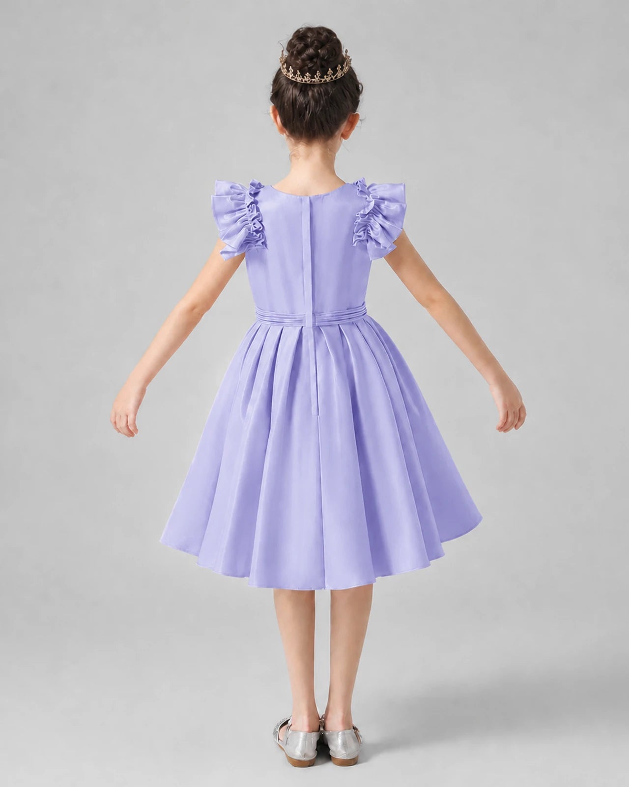 Lavender Satin Ruffled A-Line Girls Formal Dresses Back View
