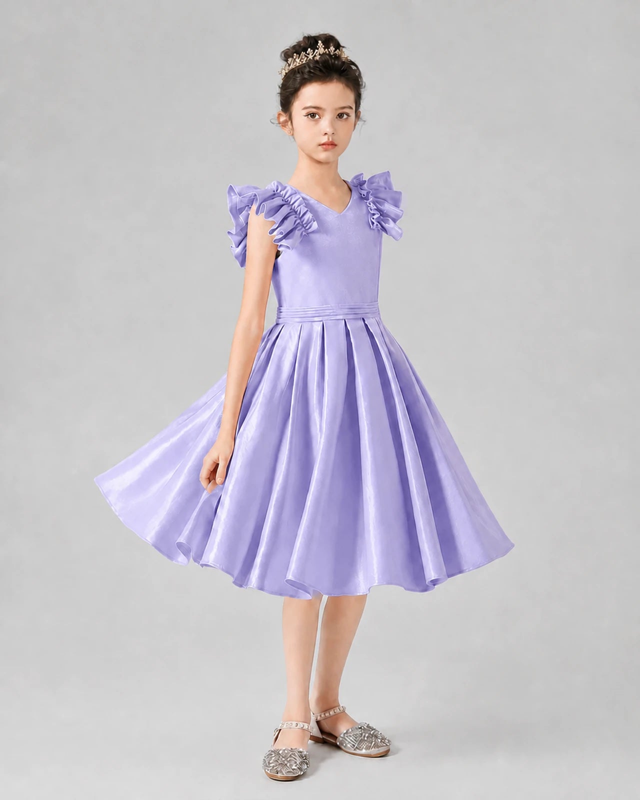 Lavender Satin Ruffle Sleeve A-Line Girls Formal Dresses Front View