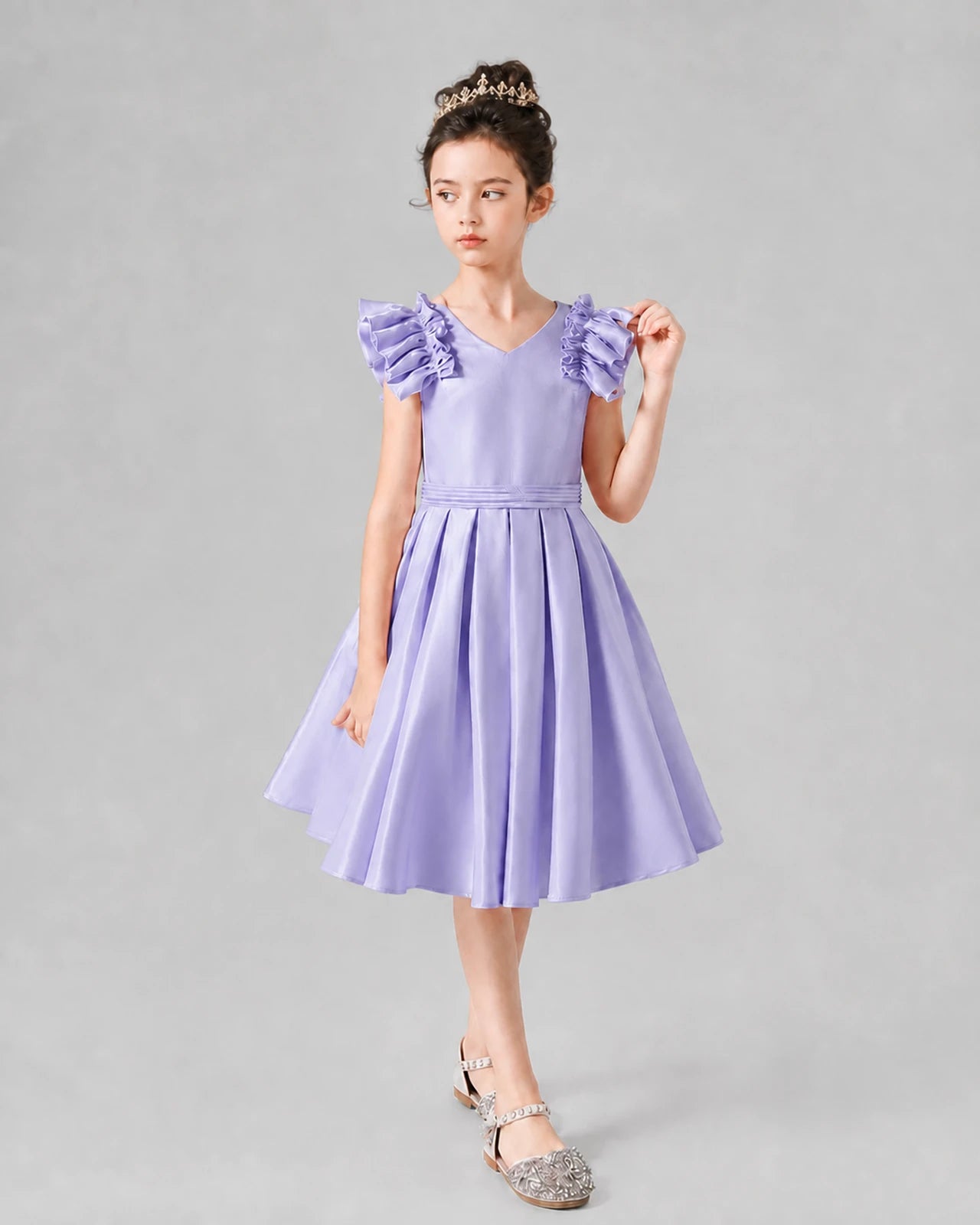 Lavender satin ruffle-sleeve pleated a-line girls formal dress