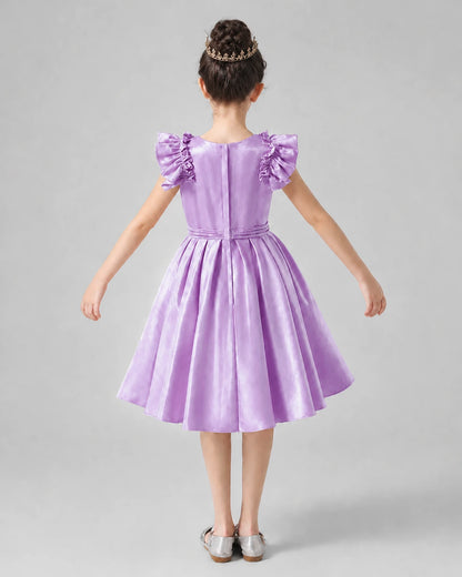 Lilac Satin Ruffle Sleeve Girls Formal Dresses Back View