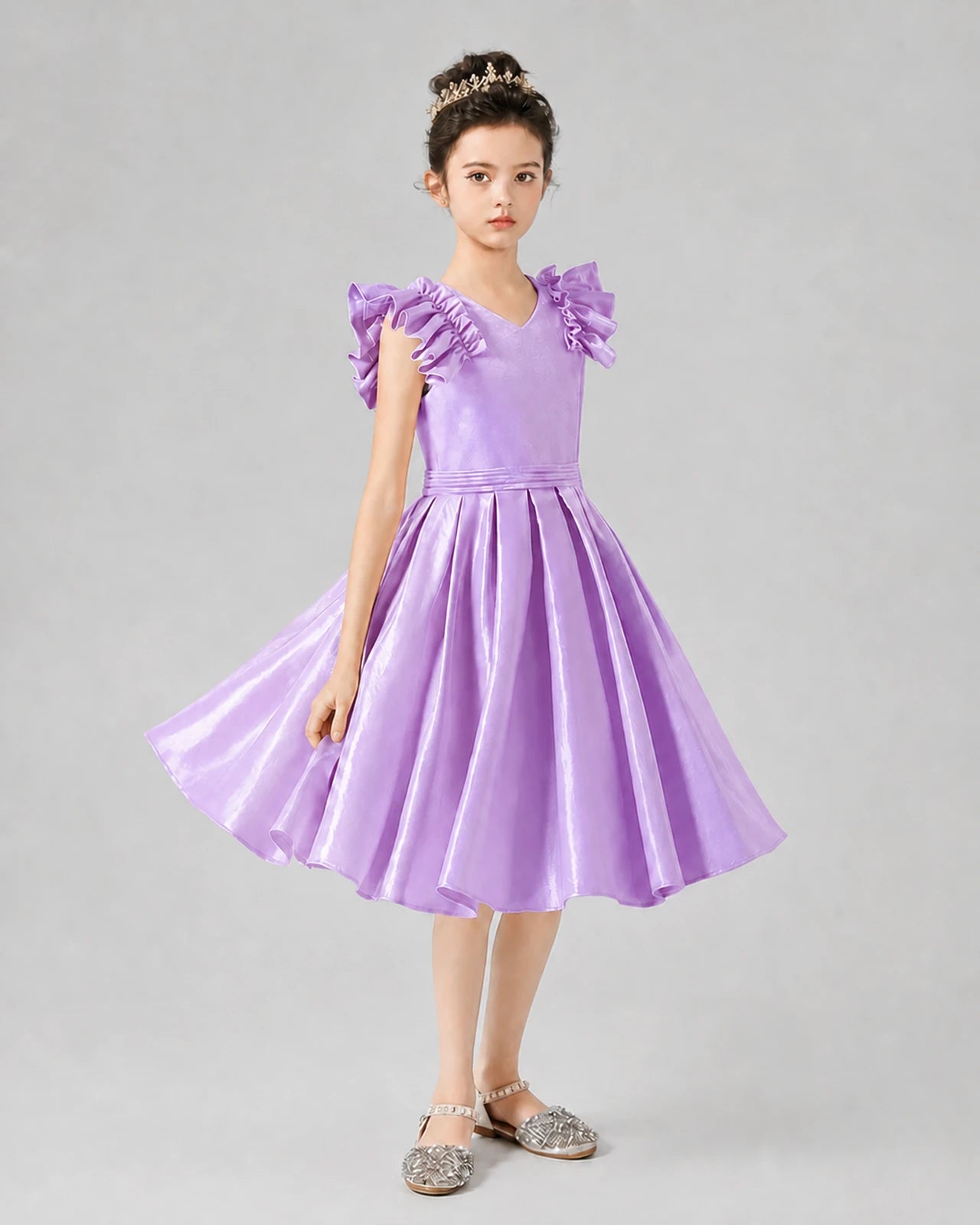 Lilac Satin Ruffle V-Neck Girls Formal Dresses Front View
