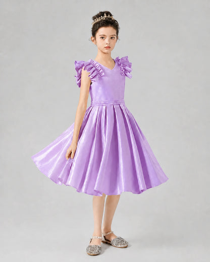 Lilac Satin Ruffle V-Neck Girls Formal Dresses Front View