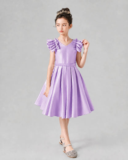 Lilac satin ruffled sleeve pleated girls formal dresses