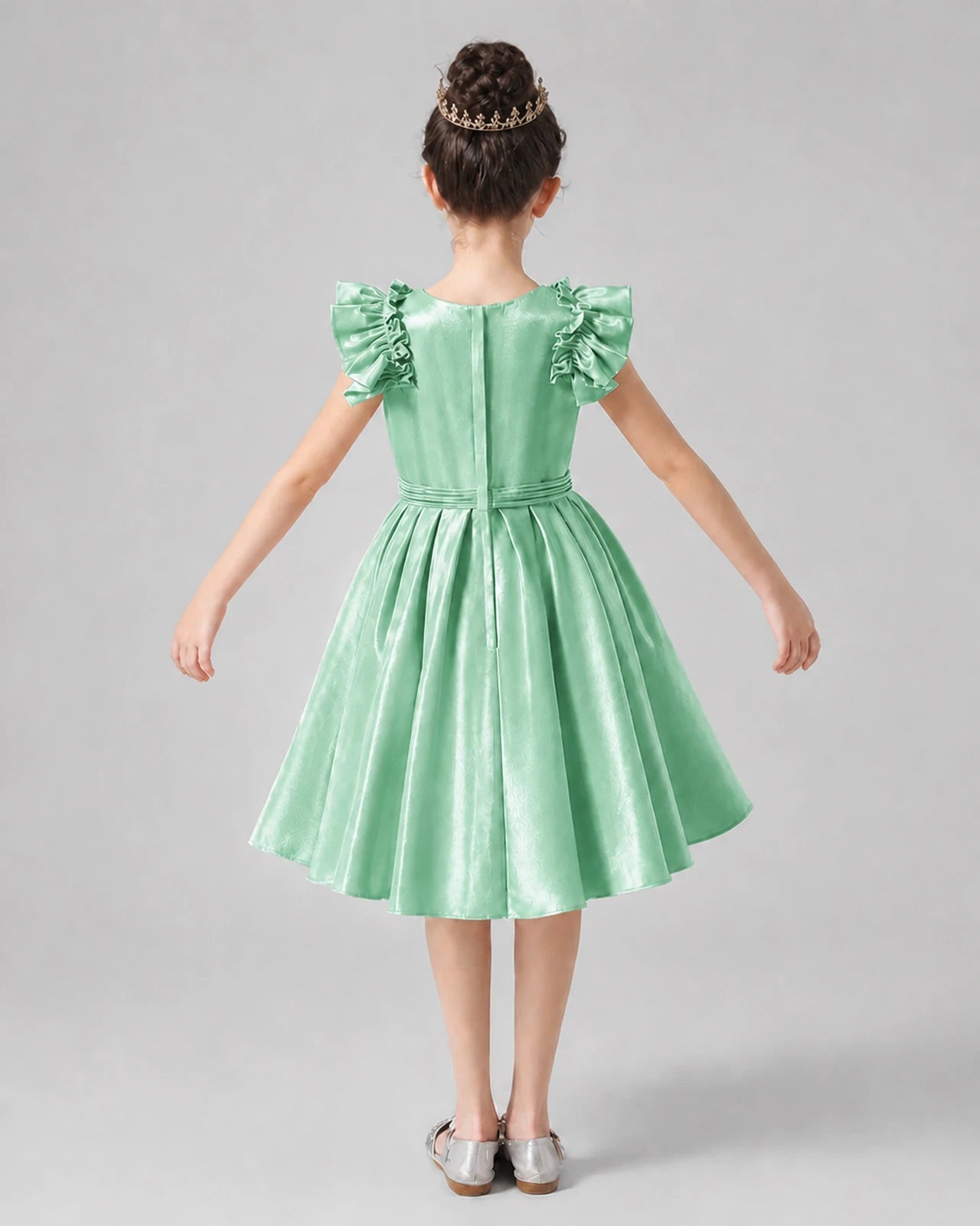 Mint Green Satin Ruffled Sleeve A-Line Girls Formal Dresses Back View