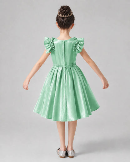 Mint Green Satin Ruffled Sleeve A-Line Girls Formal Dresses Back View