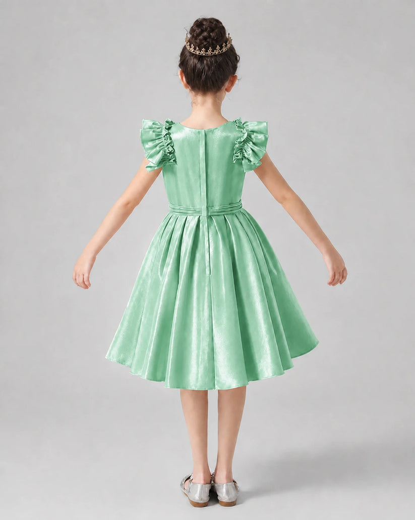 Mint Green Satin Ruffled Sleeve A-Line Girls Formal Dresses Back View