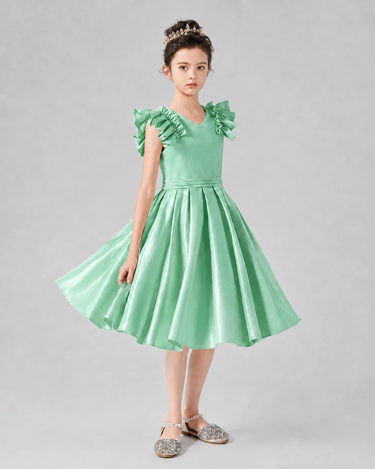 Mint Green Satin Ruffled V-Neck A-Line Girls Formal Dresses Front View