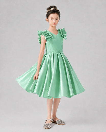 Mint Green Satin Ruffled V-Neck A-Line Girls Formal Dresses Front View