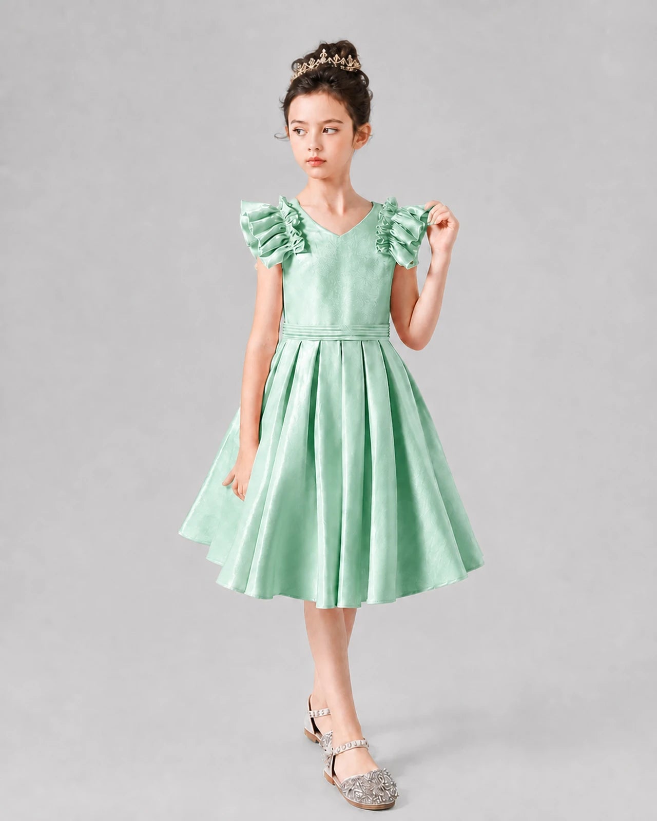 Mint Green Satin Ruffled Sleeve A-Line Dress Girls Formal Dresses