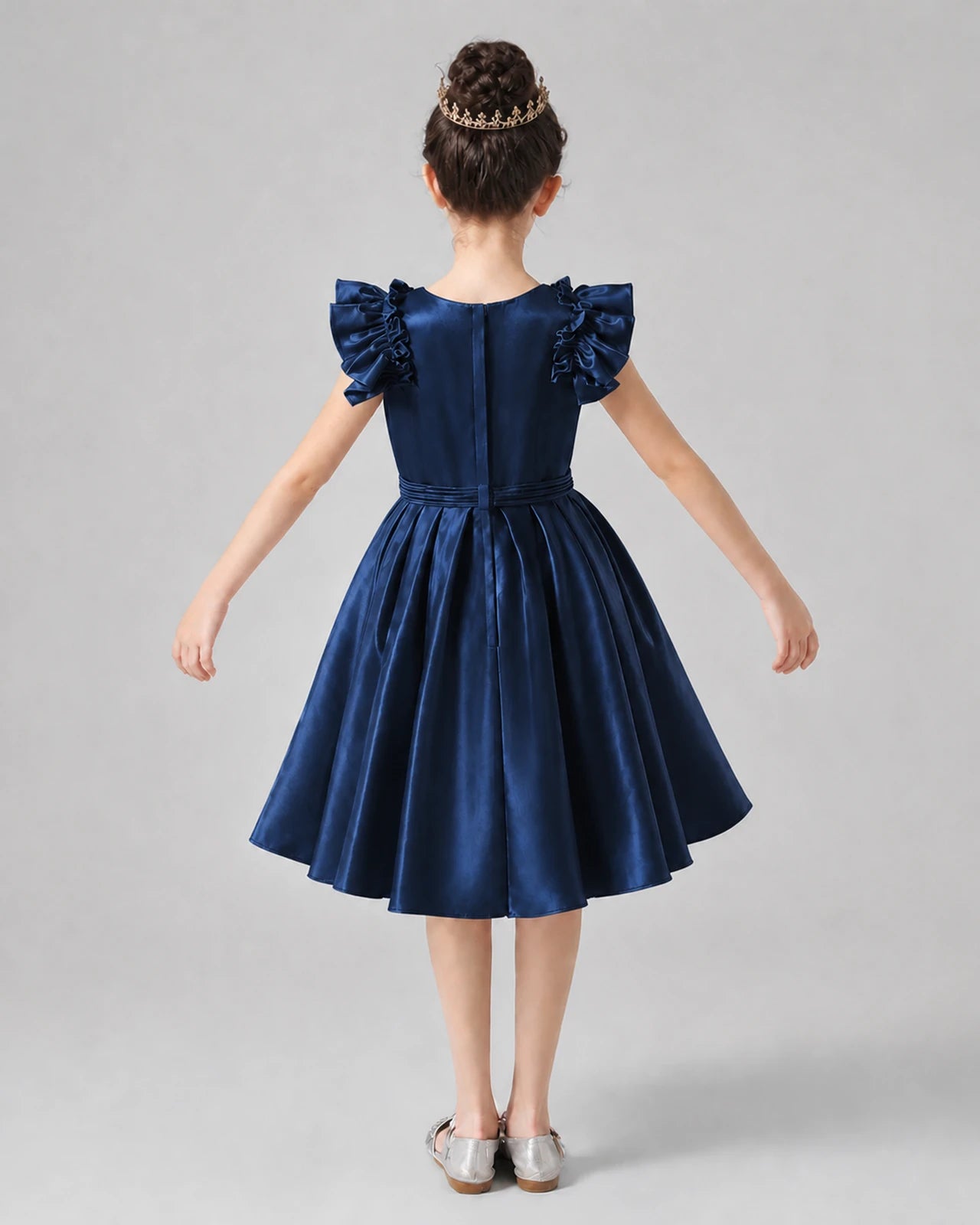 Navy Blue Satin Ruffle Sleeve A-Line Girls Formal Dresses Back View