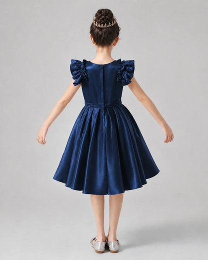 Navy Blue Satin Ruffle Sleeve A-Line Girls Formal Dresses Back View