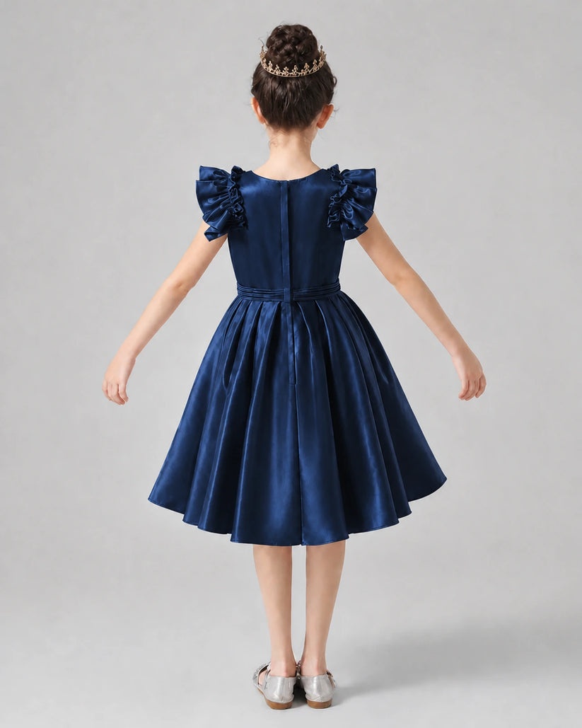 Navy Blue Satin Ruffle Sleeve A-Line Girls Formal Dresses Back View