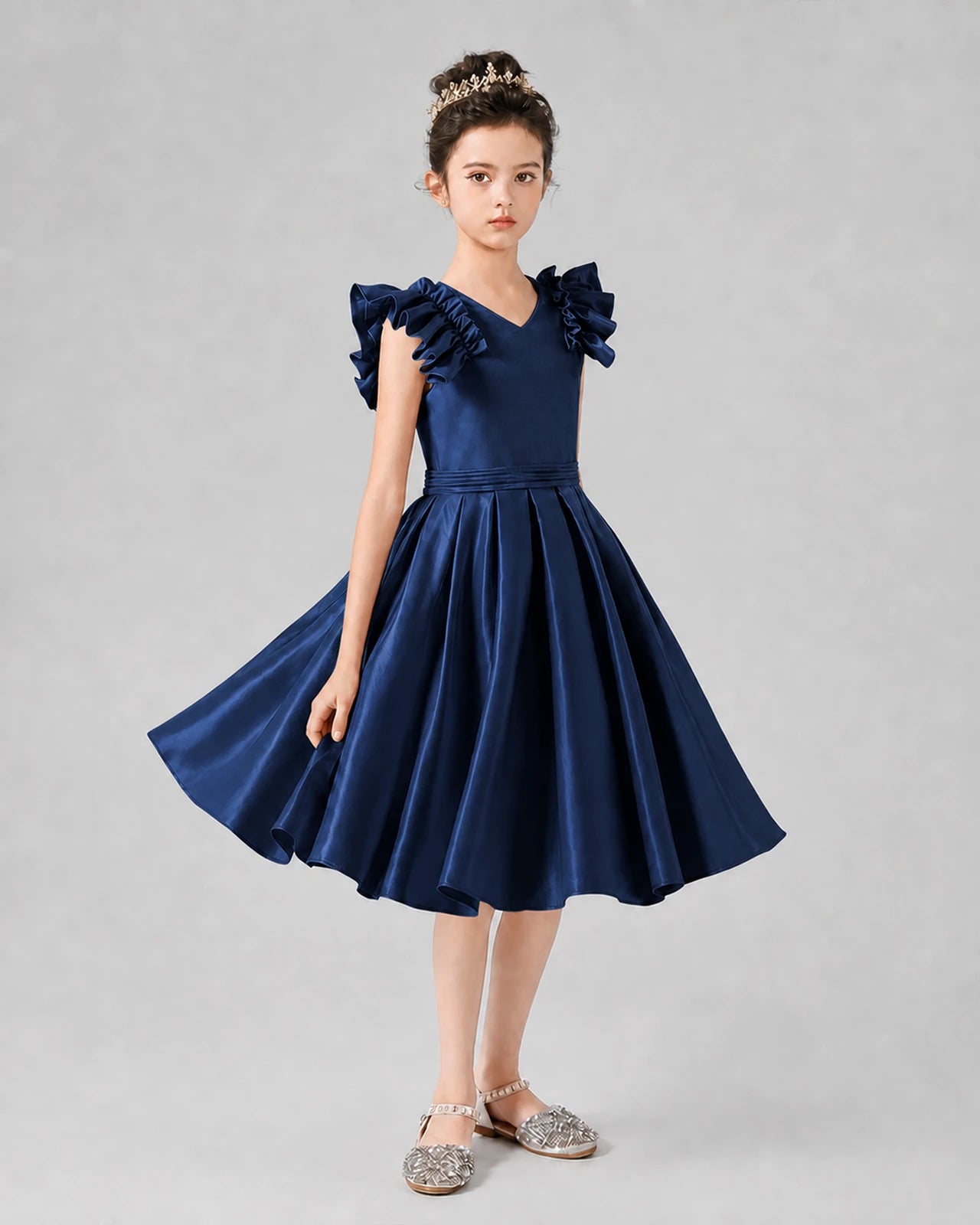 Navy Blue Satin Ruffled A-Line Girls Formal Dresses Front View