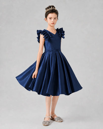 Navy Blue Satin Ruffled A-Line Girls Formal Dresses Front View