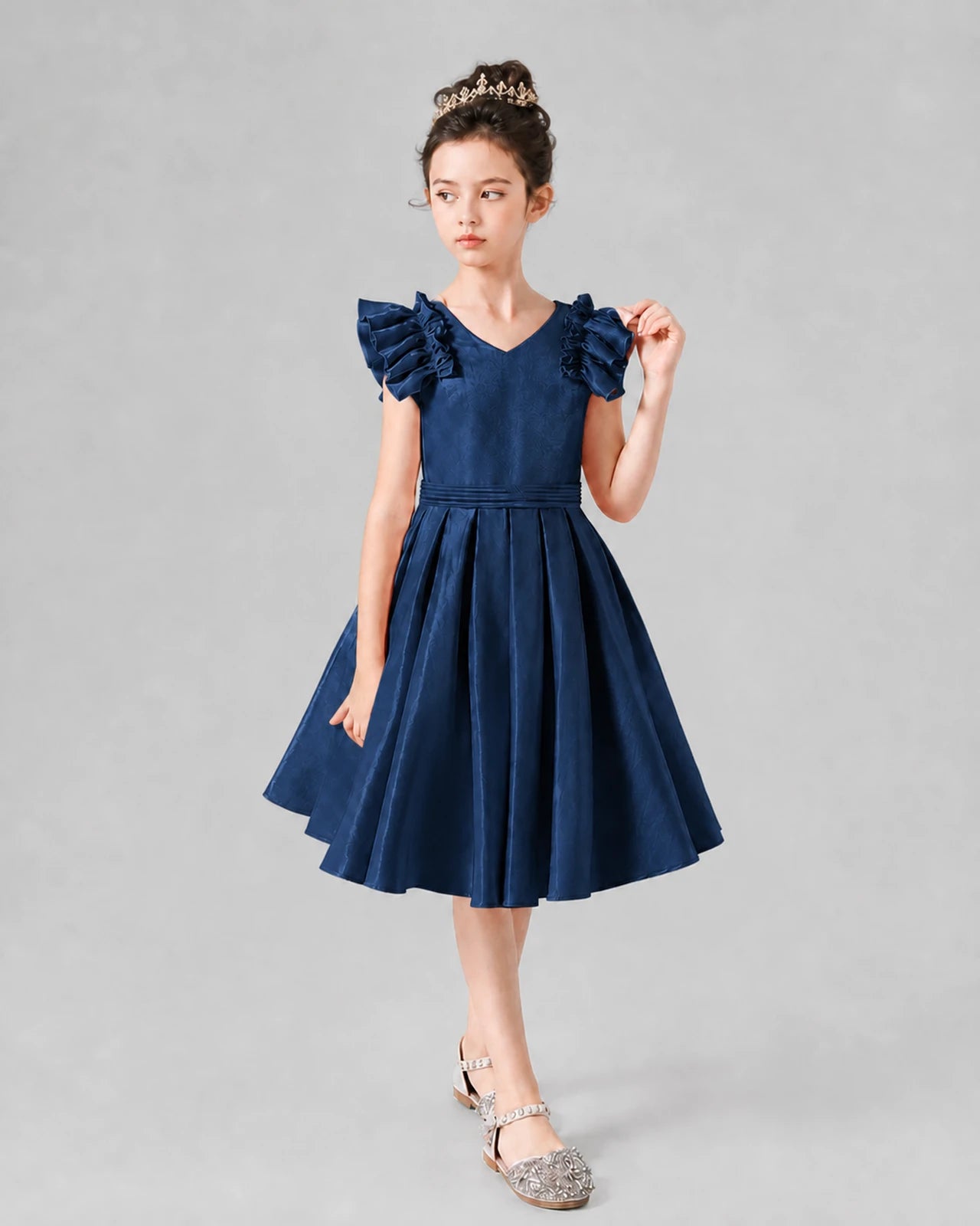 Navy Blue Satin Pleated Ruffle Sleeve Girls Formal Dresses