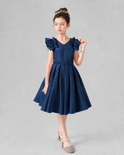 Navy Blue Satin Pleated Ruffle Sleeve Girls Formal Dresses