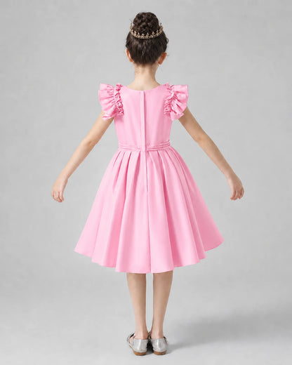 Pink Satin Ruffled A-Line Girls Formal Dresses Back View