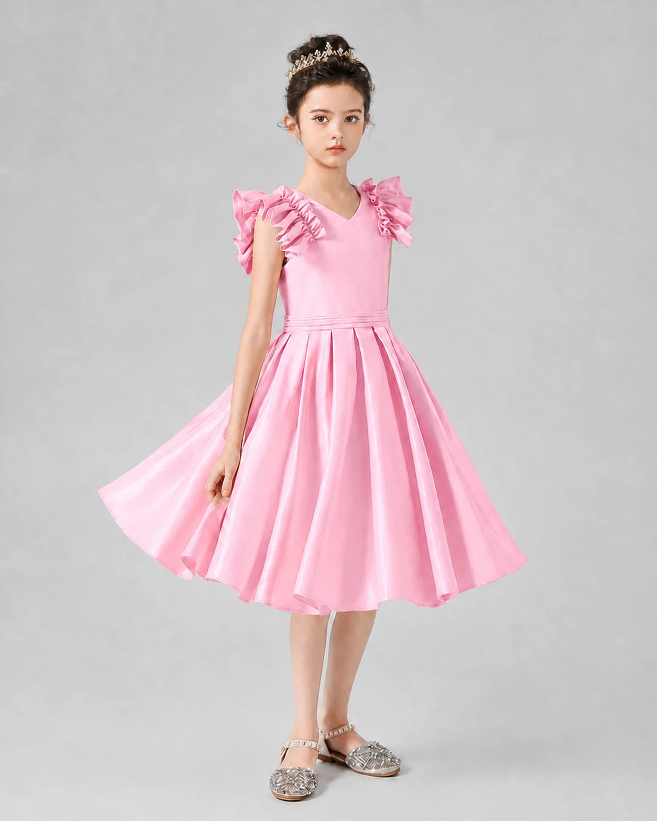 Pink Satin Ruffled A-Line Girls Formal Dresses Front View