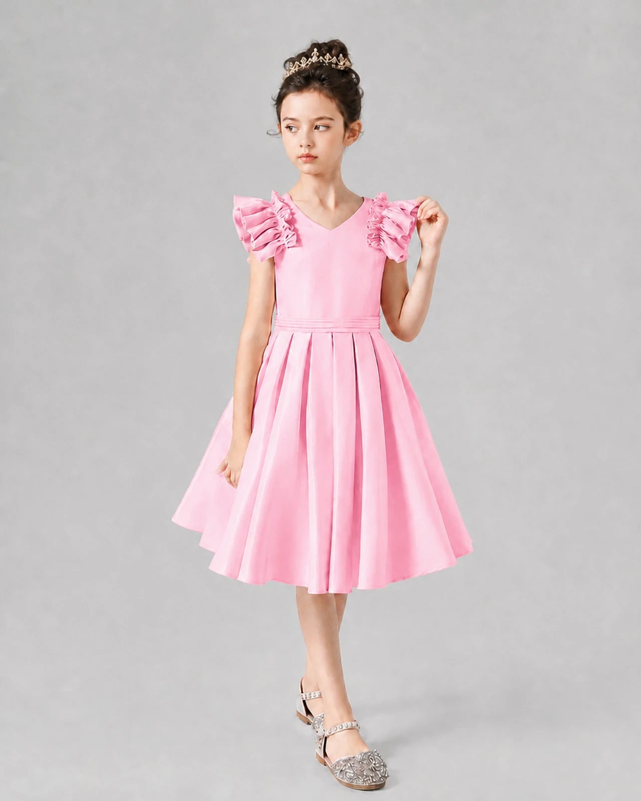 Pink Satin Ruffled V-Neck A-Line Girls Formal Dresses
