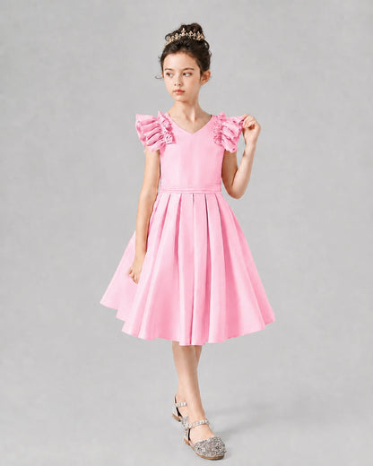 Pink Satin Ruffled V-Neck A-Line Girls Formal Dresses